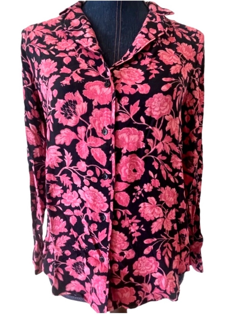 Black Pink Floral Button Front Blouse Women Long Sleeve Collared Lightweight Top